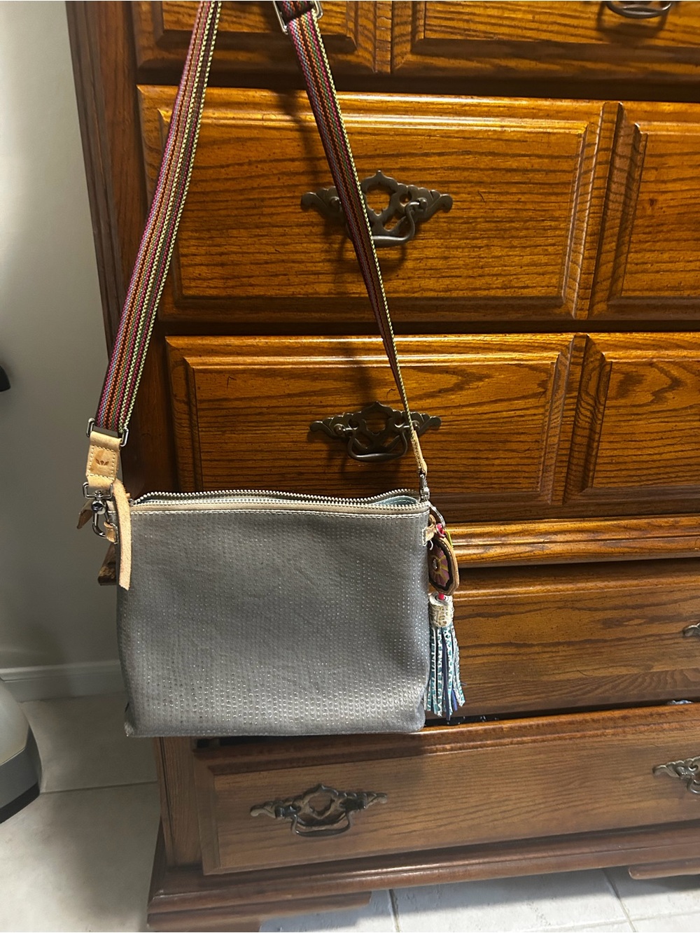 Taupe Leather Crossbody Bag with Colorful Woven Strap - Picture 13 of 13